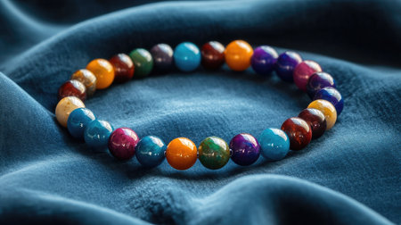A stunning colorful beaded bracelet resting on soft fabric, showcasing a blend of vibrant colors that enhance its artistic appeal and elegance.の素材