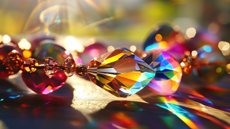 A vibrant image showcasing an array of colorful crystal jewelry pieces, dazzling with reflections and a play of light, ideal for artistic presentations.の素材