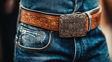 This image showcases a close-up view of a well-worn denim fabric paired with a beautifully designed leather belt buckle, perfect for casual fashion lovers.の素材