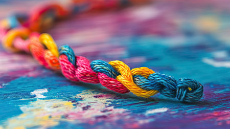 A beautifully braided cord featuring a spectrum of colors rests against a vibrant and textured background, ideal for diverse creative projects.の素材