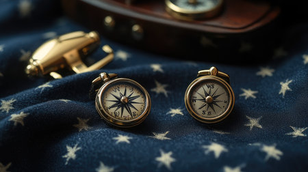 A stunning close-up of elegant compass cufflinks resting on star-spangled fabric. Ideal for travel enthusiasts and stylish accessories, showcasing intricate design details.の素材