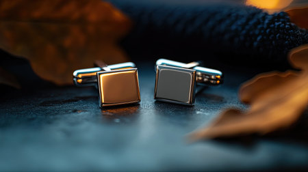 A pair of elegant silver cufflinks rests on a dark surface, adorned with autumn leaves, capturing a blend of style and sophistication in warm lighting.の素材
