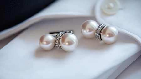 Beautiful luxurious pearl cufflinks adorned with silver accents resting on a crisp white shirt, accentuating elegance for formal occasions.の素材