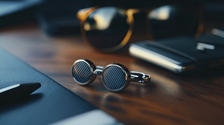 A pair of stylish silver sunglasses rests on a polished wooden desk, perfectly framed by elegant accessories. Ideal for showcasing modern fashion and lifestyle.の素材