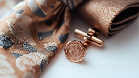 A stunning closeup of an elegant satin tie paired with a stylish cufflink, showcasing refined details and textures. Perfect for formal outfit inspiration.の素材