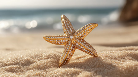 A stunning golden starfish adorned with jewels rests on a sandy beach, reflecting the sunlight while ocean waves gently roll in the background.の素材