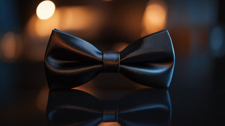 A striking black bow tie elegantly placed on a smooth, reflective surface, accompanied by a soft bokeh background that enhances its sophisticated appeal, perfect for formal events.の素材