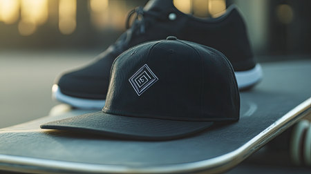 A black snapback cap rests on a skateboard next to sport shoes, captured during golden hour for a stylish urban vibe. Perfect for fashion or lifestyle themes.の素材