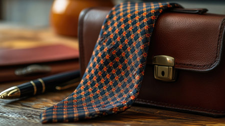 This captivating image features an elegant tie resting over a stylish leather bag, set on a wooden surface. Soft lighting enhances the rich textures and colors, making it perfect for fashion and lifestyle themes.の素材