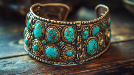 This stunning antique brass cuff bracelet features vibrant turquoise stones set in an intricate design, perfect for showcasing unique style and heritage.の素材