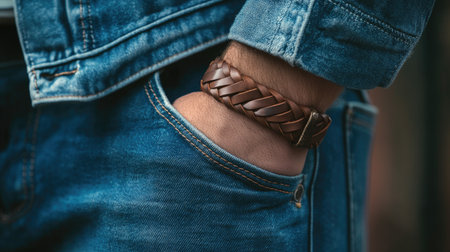 This close-up image features a stylish brown leather bracelet worn by a man in a denim jacket. The focus on the accessory highlights its craftsmanship and texture.の素材