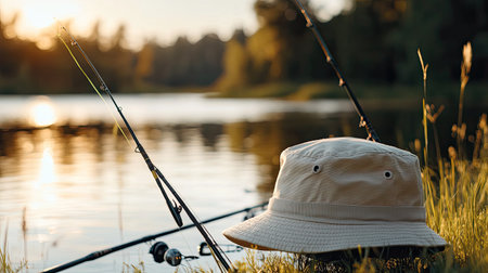 This serene image captures a fishing hat and rods resting by a tranquil lake at sunset, embodying the peacefulness of nature and outdoor leisure.の素材