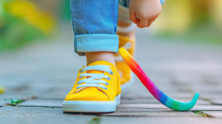A cheerful child takes playful steps in bright yellow shoes on a scenic outdoor pathway, showcasing joy and innocence in their stylish footwear.の素材