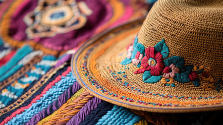 A beautiful straw hat adorned with colorful floral embroidery rests on a vibrant textile background. Perfect for summer fashion and bohemian style.の素材