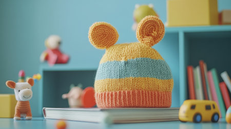 This adorable knitted baby hat features colorful stripes and playful animal ears. Perfect for keeping little ones cozy and stylish, the vibrant design adds charm to any nursery.の素材