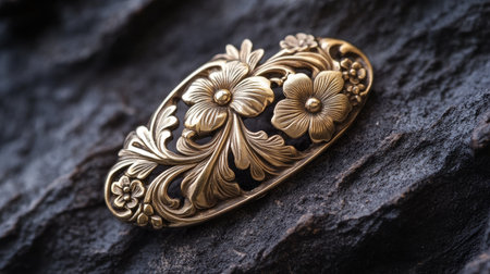 An ornate vintage floral brooch featuring intricate engravings, placed on rough stone. The detailed design radiates elegance and timeless beauty.の素材