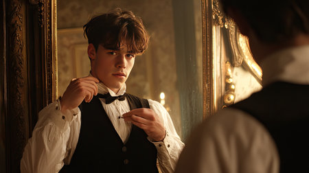 A young man meticulously adjusts his bow tie in front of a vintage mirror, showcasing elegance and style in a sophisticated indoor setting.の素材
