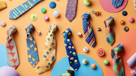 This vibrant display features an array of colorful ties arranged artfully on an orange backdrop. The playful patterns and designs create an eye-catching and stylish composition perfect for fashion enthusiasts and accessory showcases.の素材