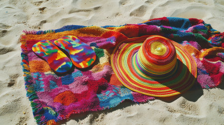 A vibrant beach scene featuring colorful accessories nestled on warm sand. A bright towel, stylish flip flops, and a wide-brimmed hat embody the essence of summer fun.の素材