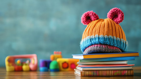 A vibrant knit hat rests on a stack of books, surrounded by colorful children's toys. The warm colors and playful design create a cozy atmosphere in any child's space.の素材