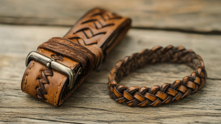 Discover the beauty of rustic leather with a detailed watch strap and a braided bracelet, perfect for stylish outfits or as unique gifts.の素材