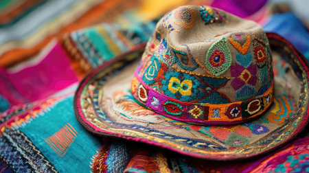 This image showcases a beautifully handcrafted hat adorned with intricate embroidery, resting on a vibrant assortment of textiles, reflecting rich cultural heritage.の素材