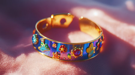 A vibrant artistic bracelet adorned with unique charms, presented elegantly against a soft fabric backdrop, perfect for fashion and accessory showcases.の素材