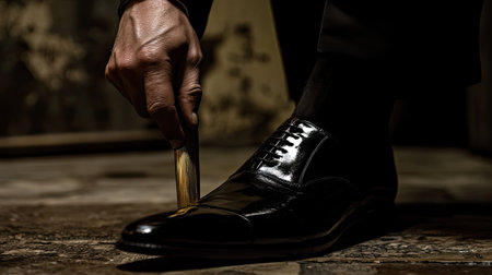 A man carefully polishes a black dress shoe with a brush, highlighting the attention to detail in footwear maintenance, representing elegance and sophistication.の素材