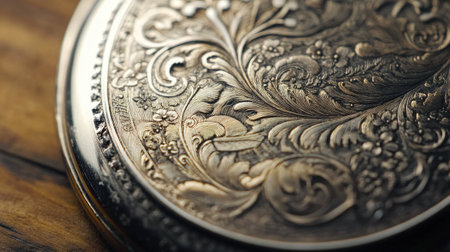 This close-up photo captures the intricate engraving of a silver pocket watch featuring elaborate floral patterns, resting beautifully on a wooden surface.の素材