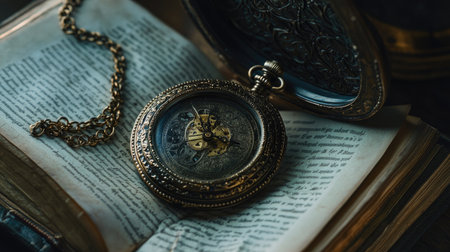 A vintage pocket watch with intricate details rests on an open page of an antique book, showcasing a beautiful blend of history and craftsmanship. Perfect for themes of time and nostalgia.の素材