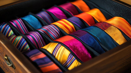 A stunning arrangement of vibrant ties in a wooden drawer, showcasing various patterns and textures perfect for enhancing formal attire and style.の素材