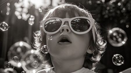 A captivating black and white portrait of a child immersed in a world of bubbles, wearing stylish sunglasses and enjoying sunlight, evoking innocence and joy.の素材