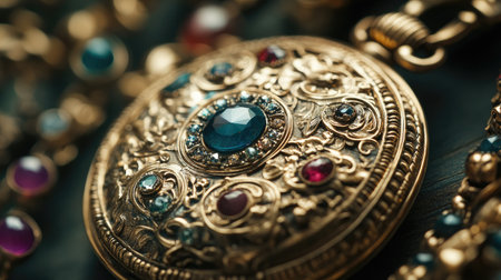 This stunning vintage locket features intricate designs and colorful gemstones, showcasing exceptional craftsmanship and timeless elegance, perfect for jewelry enthusiasts.の素材