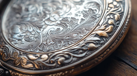 This close-up image captures intricate silver and gold floral engravings on a vintage metal surface, highlighting exceptional artistry and timeless beauty.の素材
