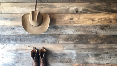A rustic wooden wall showcases a cowboy hat hanging above a pair of leather boots, embodying western charm and country lifestyle. This image captures simplicity and warmth.の素材