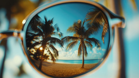 Close-up of sunglasses reflecting a serene tropical beach scene, with palm trees swaying under a bright blue sky and warm sunlight, evoking a sense of relaxation.の素材