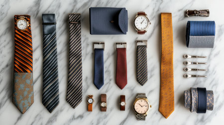 A meticulously arranged collection of stylish ties, watches, and accessories displayed on a marble surface, perfect for enhancing formal fashion and elegance.の素材