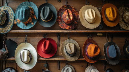 A captivating assortment of diverse hats elegantly arranged on a rugged wooden shelf. The warm lighting highlights the varied textures and colors, creating an inviting atmosphere. Perfect for showcasing fashion accessories in interior design or thematic photography.の素材