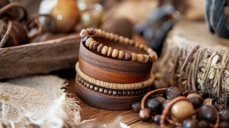 A captivating arrangement of wooden bracelets and natural jewelry showcases elegant craftsmanship on a rustic wooden surface, highlighting texture and design.の素材