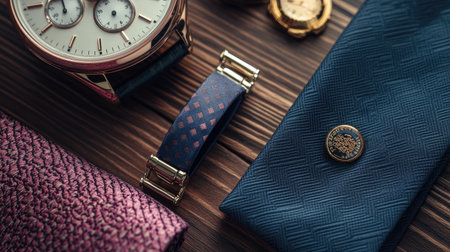 This image showcases a sophisticated arrangement of luxury accessories, featuring stunning watches, elegant ties, and stylish cufflinks on a rich wooden surface, highlighting attention to detail.の素材