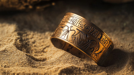 This captivating image features an antique golden bracelet adorned with intricate engravings, resting delicately on soft sand, illuminated by natural light.の素材
