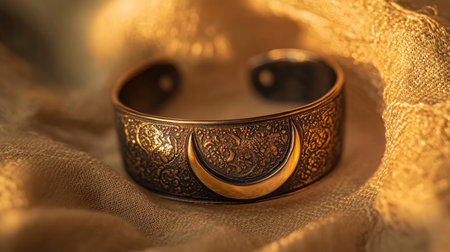 This stunning bronze cuff bracelet features a beautiful moon design, highlighted by intricate patterns. Set against a soft fabric backdrop, this piece captures warm light perfectly, showcasing its artistic craftsmanship and elegance.の素材