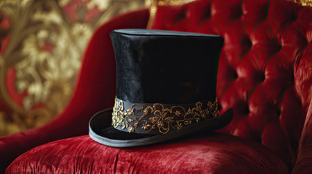 This stunning image features a vintage top hat adorned with intricate gold embellishments, placed elegantly on a plush red couch, creating a rich, luxurious atmosphere.の素材