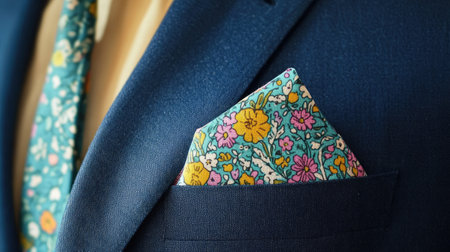 A close-up view of a colorful floral pocket square nestled in a formal suit jacket, paired with a matching tie. The vibrant patterns add elegance and style.の素材