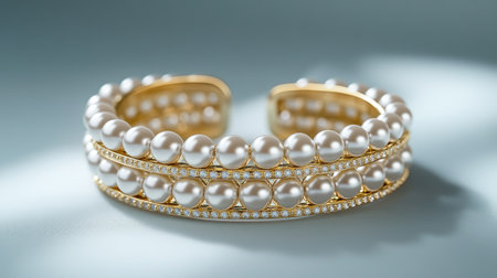 This stunning gold bracelet features a unique design of lustrous pearls and sparkling diamonds, capturing luxury and elegance in a beautiful composition.の素材
