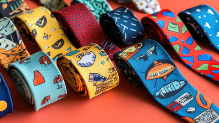 A vibrant display of colorful patterned ties showcasing whimsical designs against a bright orange background, perfect for stylish wardrobe choices.の素材