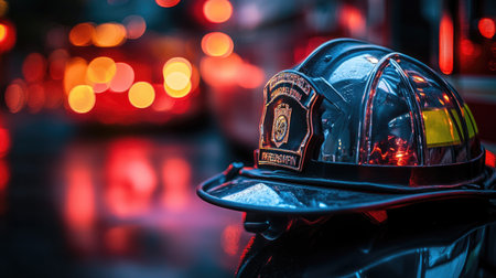 A close-up view of a firefighter helmet resting on a wet surface, featuring blurred emergency lights in the background, capturing the heroic spirit of first responders.の素材