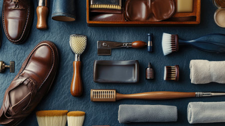 A detailed arrangement of leather shoe care essentials including brushes, tools, and accessories set against a textured background, ideal for footwear maintenance.の素材