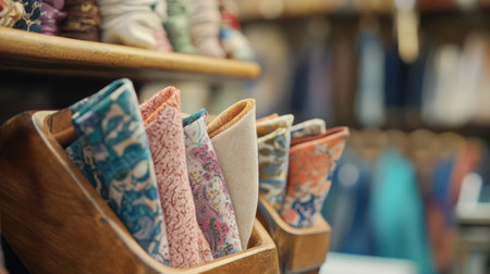 A vibrant display of colorful fabrics organized in a wooden holder, highlighting intricate patterns in a cozy craft store setting. Soft focus enhances textures.の素材