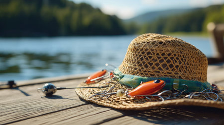 A peaceful scene featuring a straw hat adorned with fishing lures resting on a wooden dock by a tranquil lake. Lush green hills and blue sky create a serene atmosphere, perfect for fishing enthusiasts and nature lovers.の素材